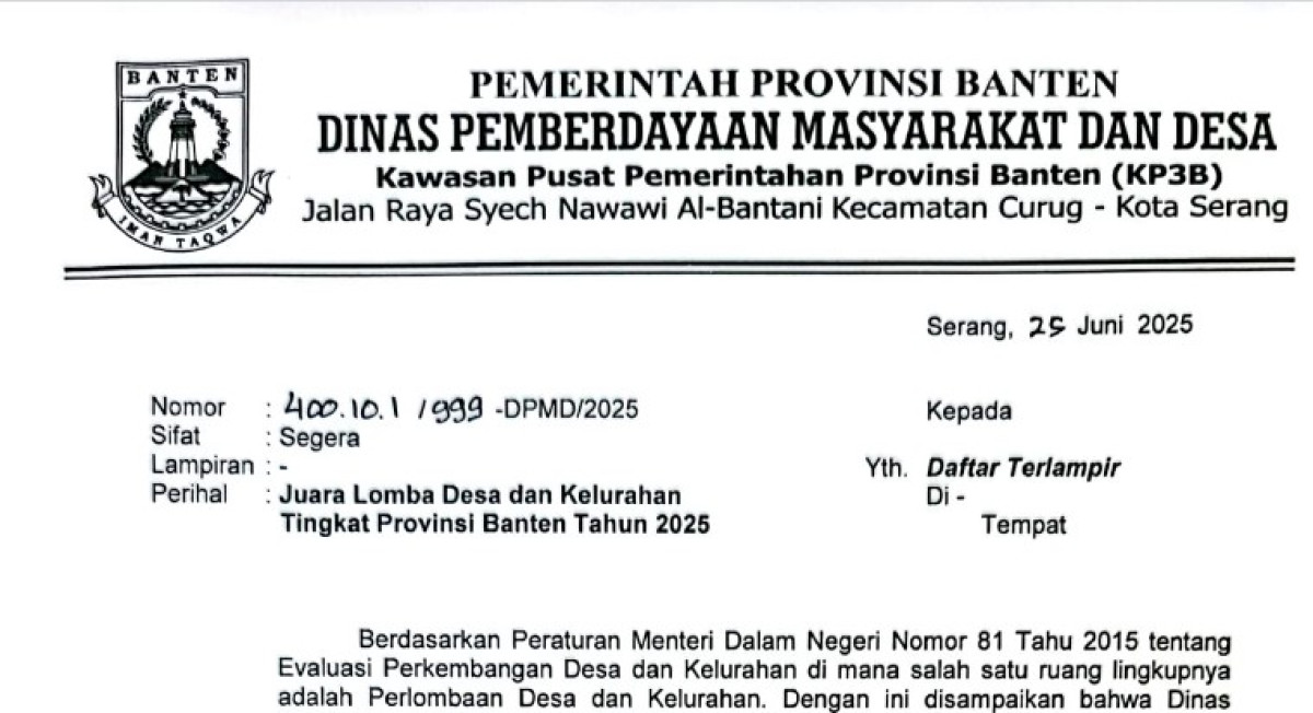 Hebat! Desa dan Kelurahan Ini Terpilih Jadi yang Terbaik di Banten Tahun 2025